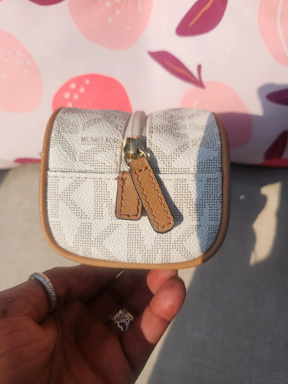 Michael Kors Cream Logo Cosmetic Pouch with Tan Trim EUC